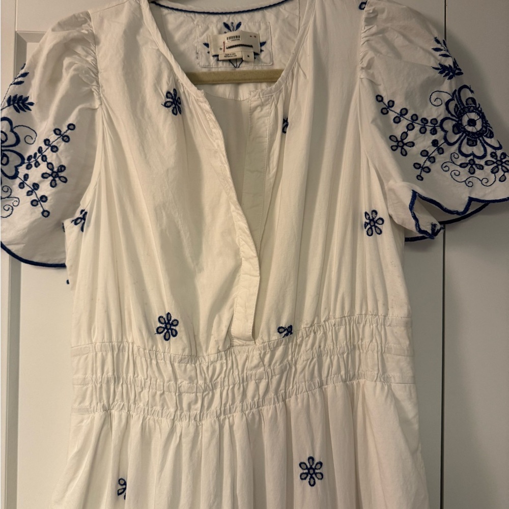 Anthropologie White and Blue Embroidered Maxi Dress